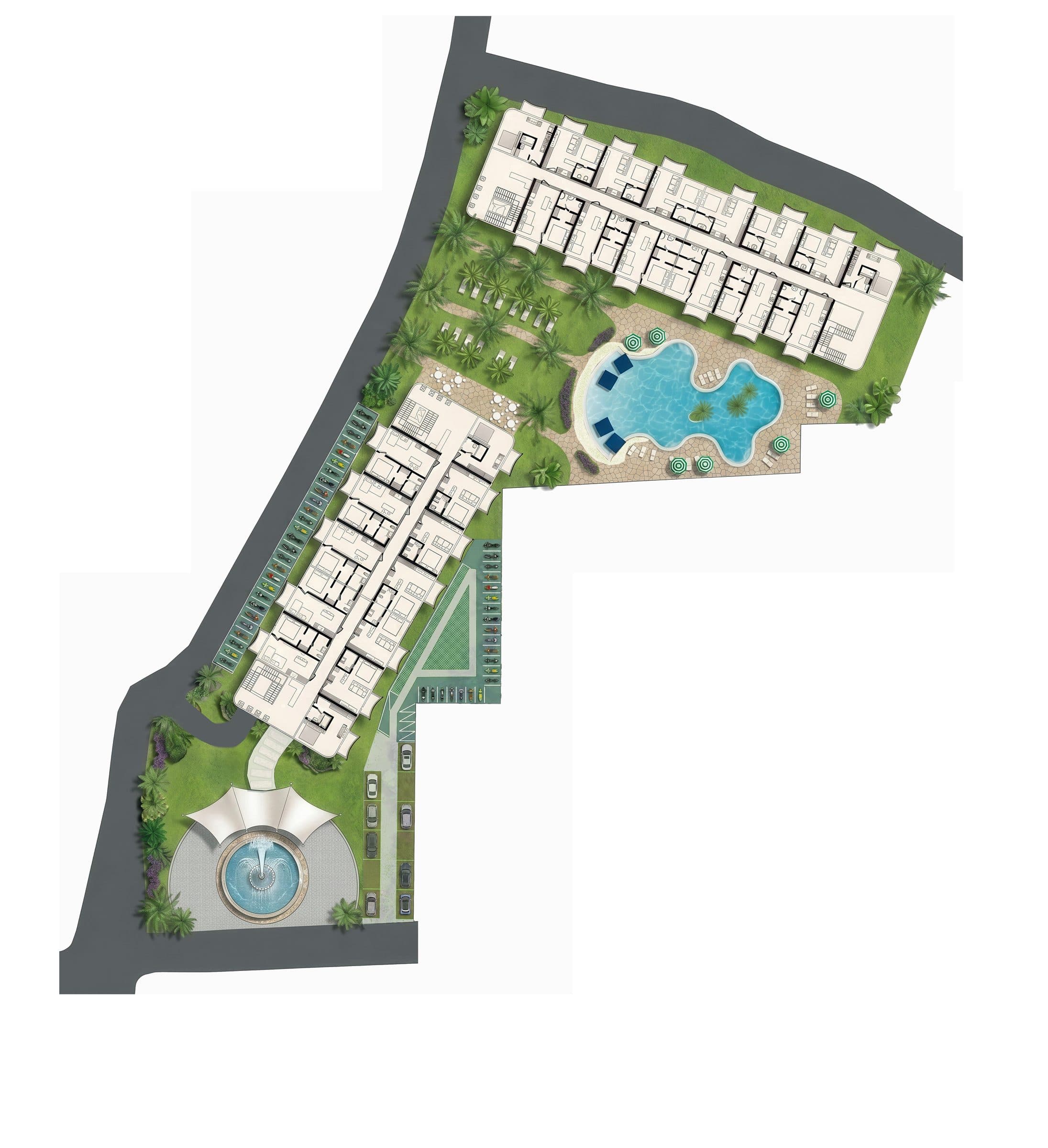 Illustrated plan of two apartment blocks with a garden, lagoon pool and entrance plaza