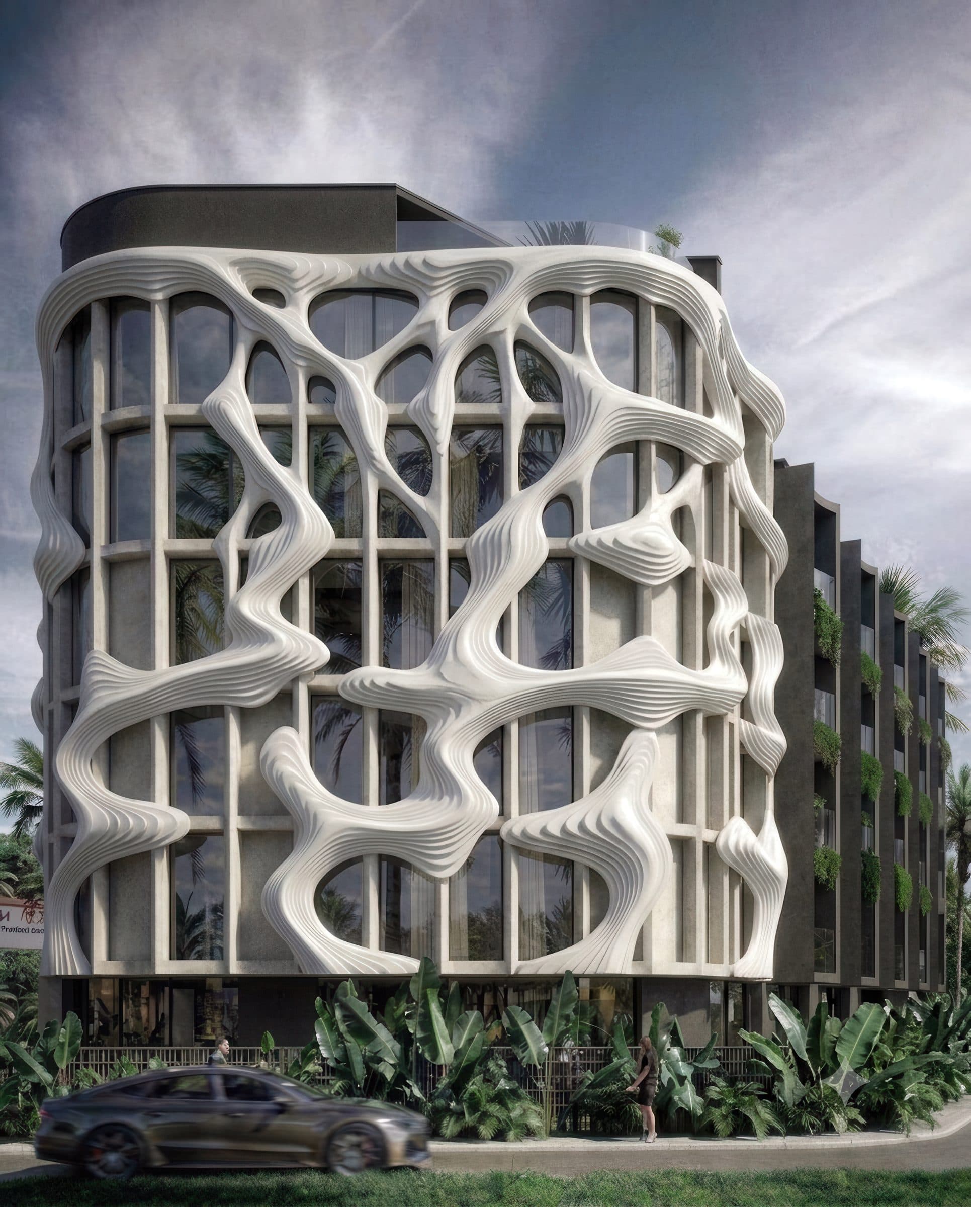 Apartment building wrapped in a flowing, layered white façade over a regular window grid