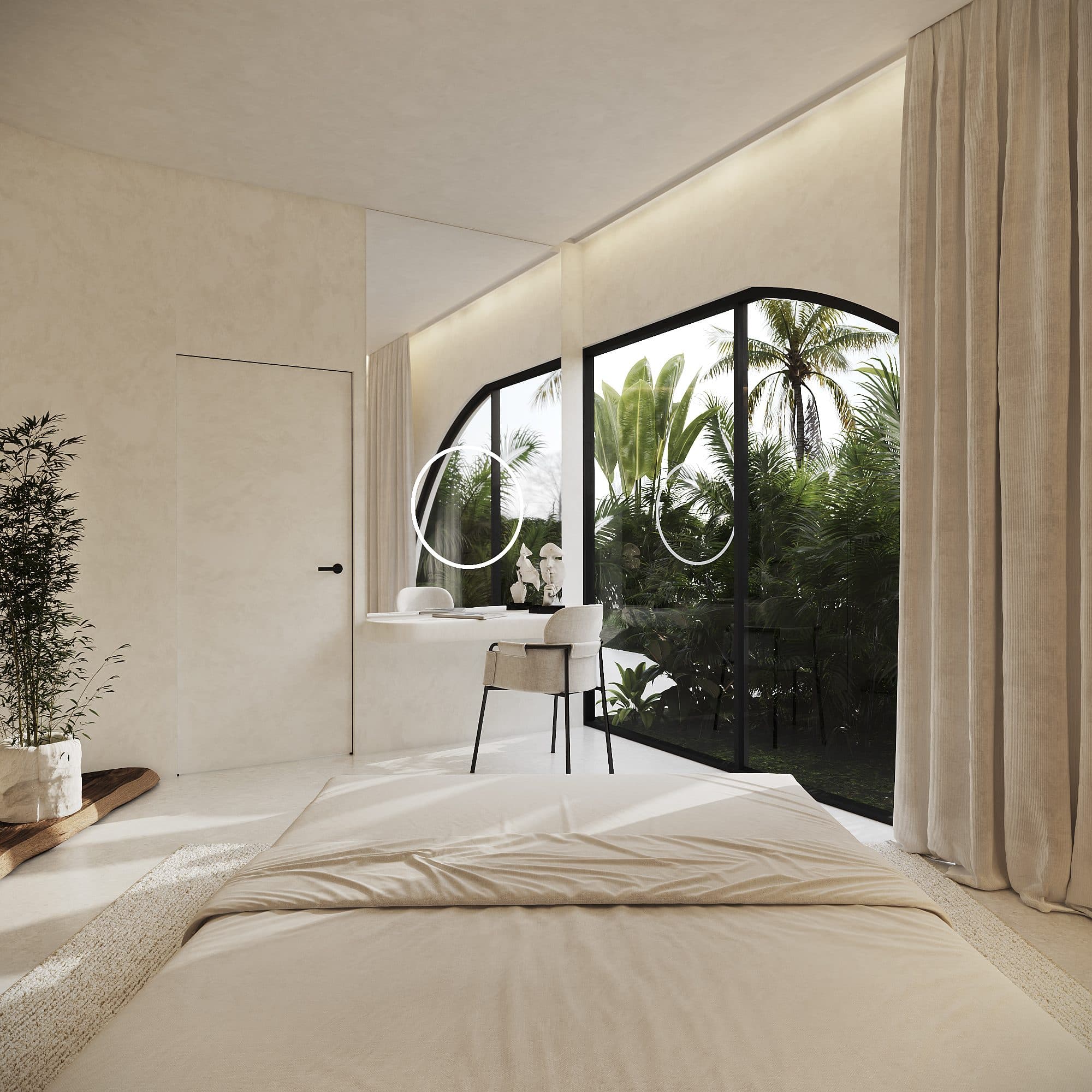 Shell Villa bedroom with soft curved walls and an arched window onto tropical planting