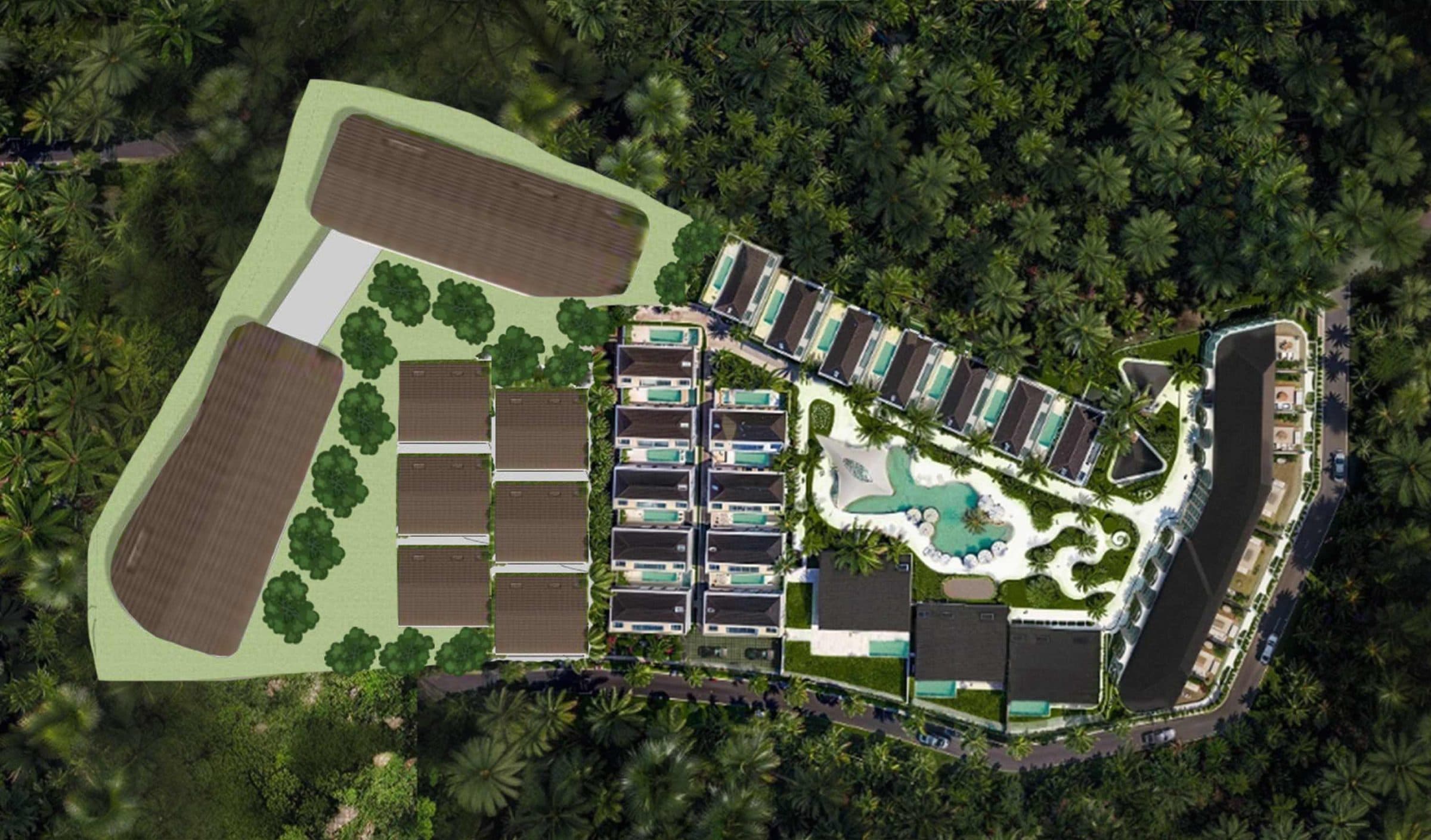 Illustrated site plan of the first stage showing villas arranged around a central pool and pool bar