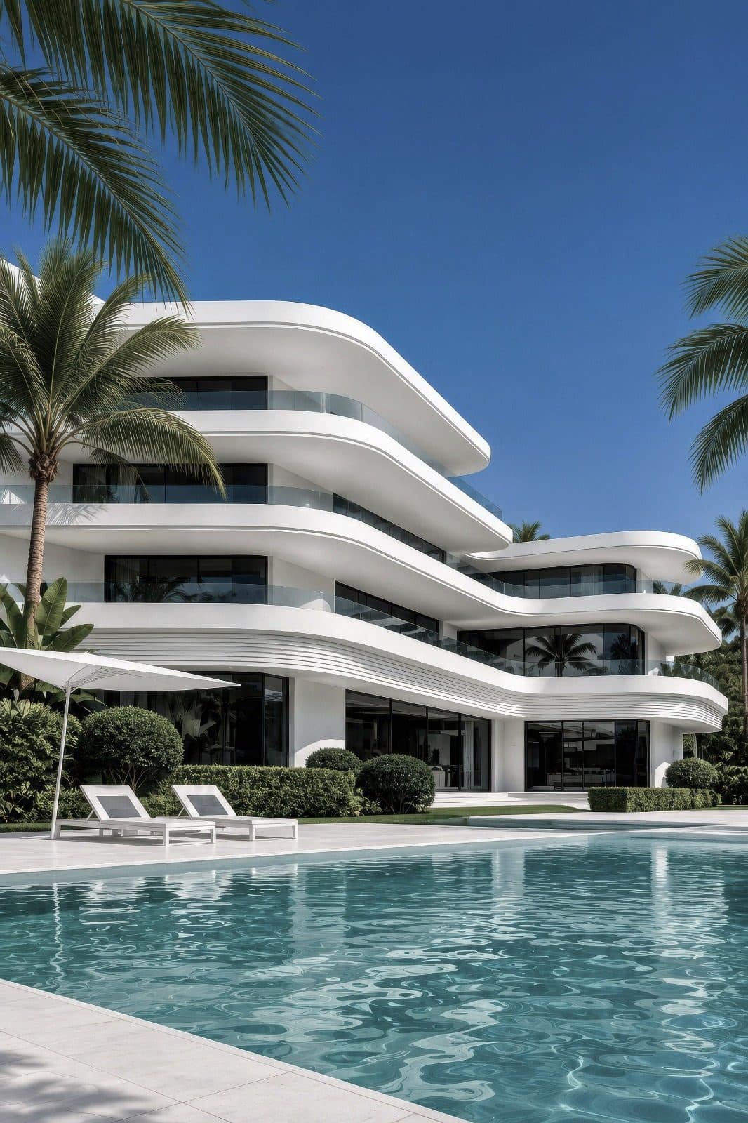 Layered, curving white residential terraces with glass balustrades beside a pool