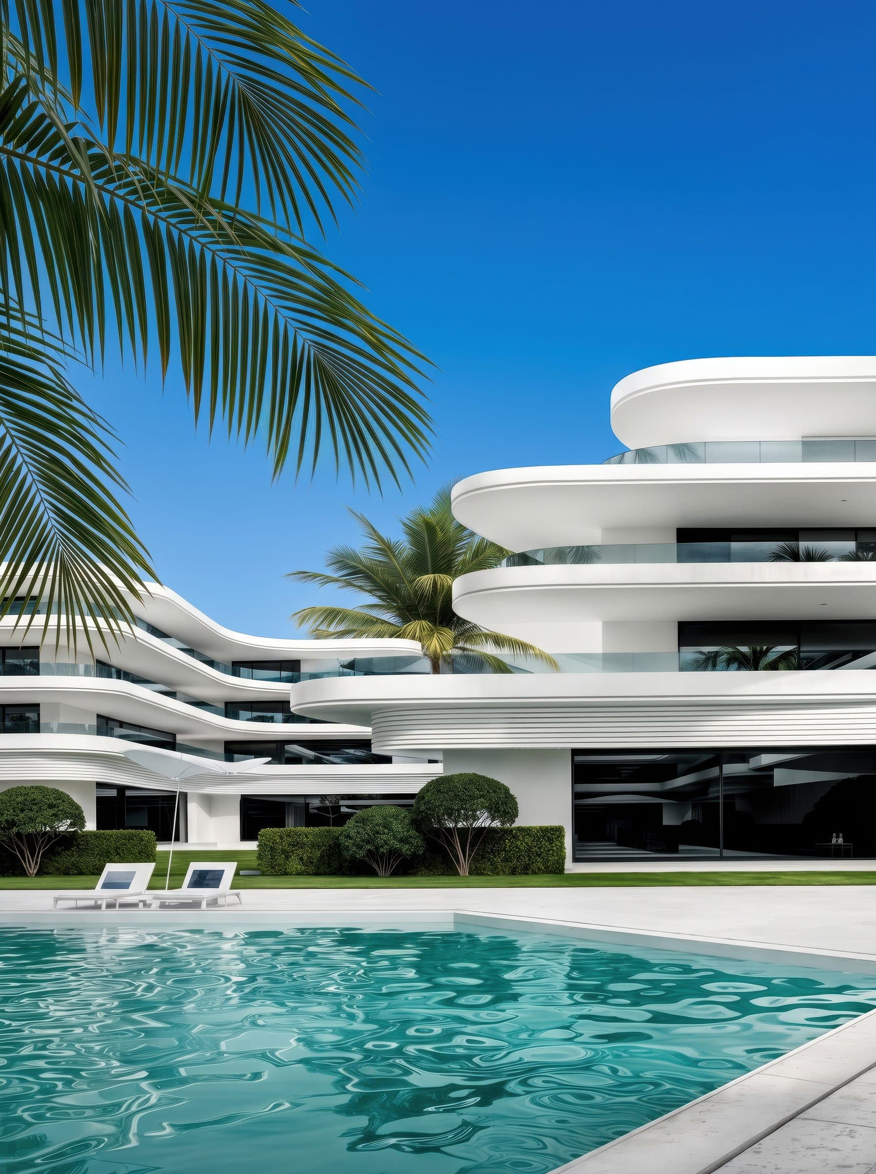 Curved white terraced residences with deep balconies above a turquoise pool, framed by palm fronds