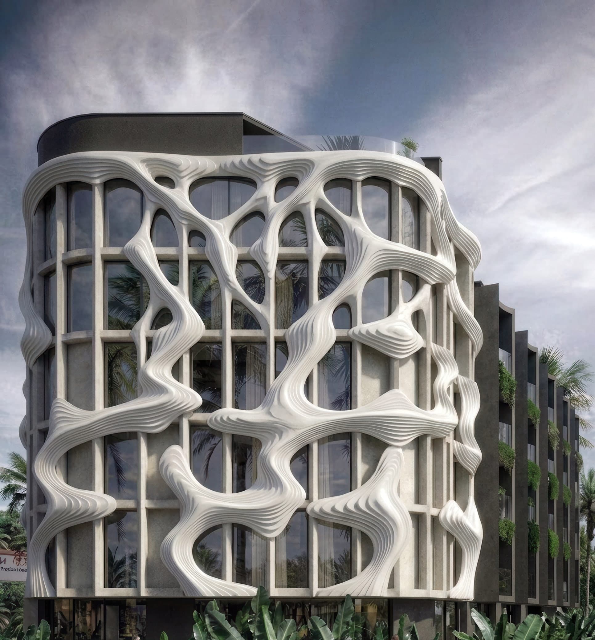 Apartment building wrapped in a flowing, layered white façade over a regular window grid