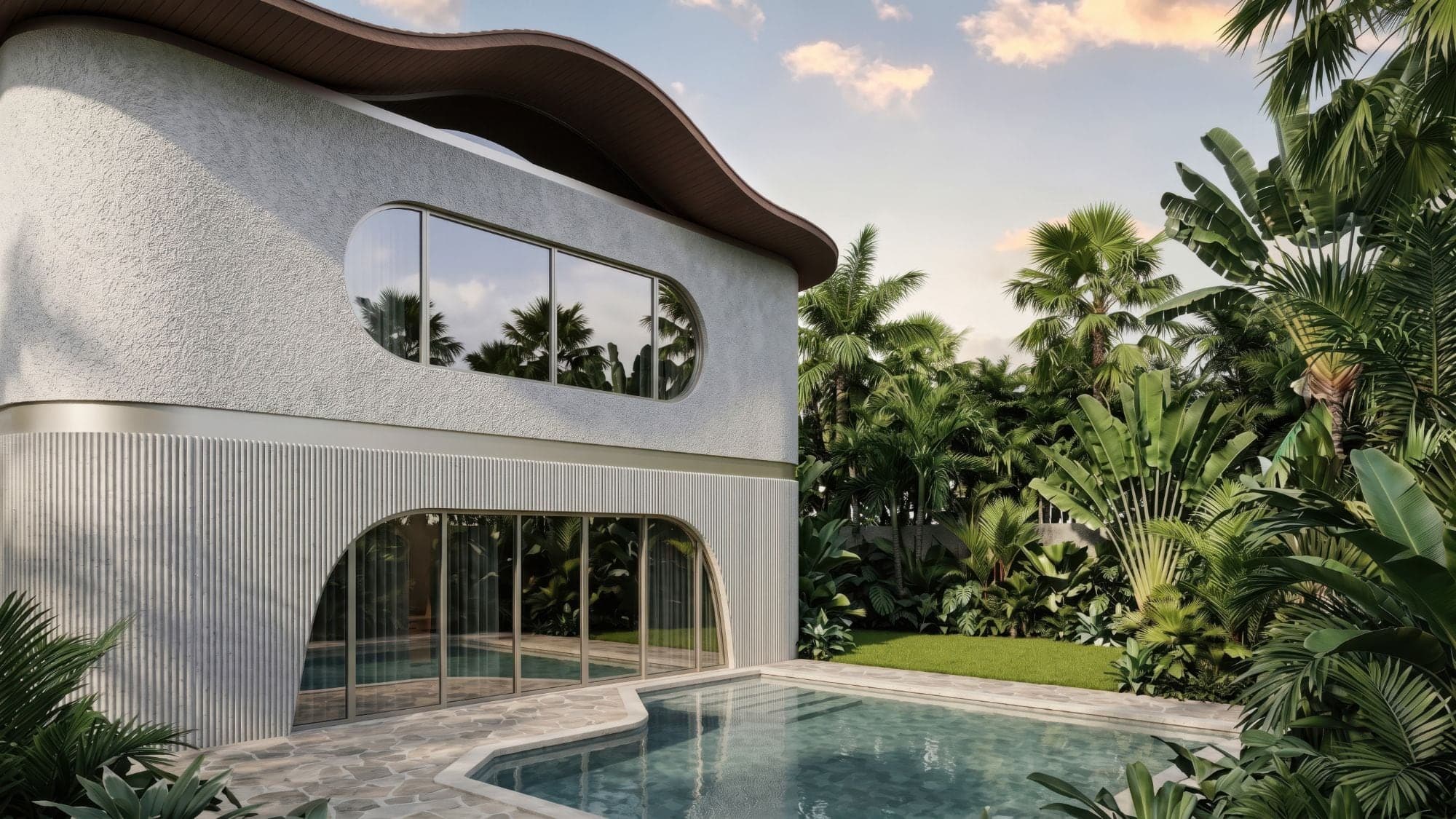 Shell Villa with a wave-form roof, oval upper window and arched glazing opening onto a pool, set in tropical planting