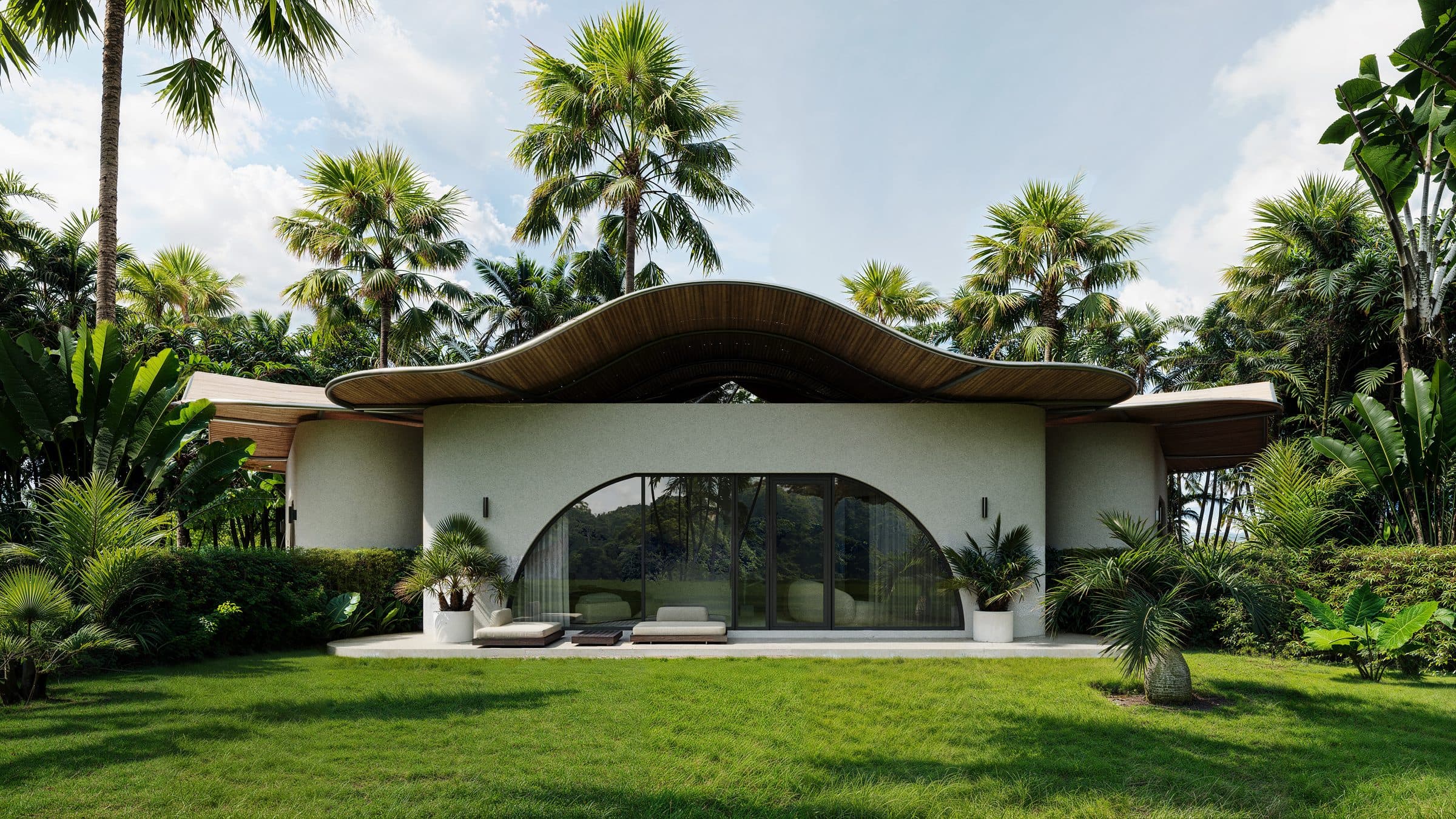 Single-storey Shell Villa with a sculpted, wave-form timber roof and an arched glass façade, set in a tropical garden