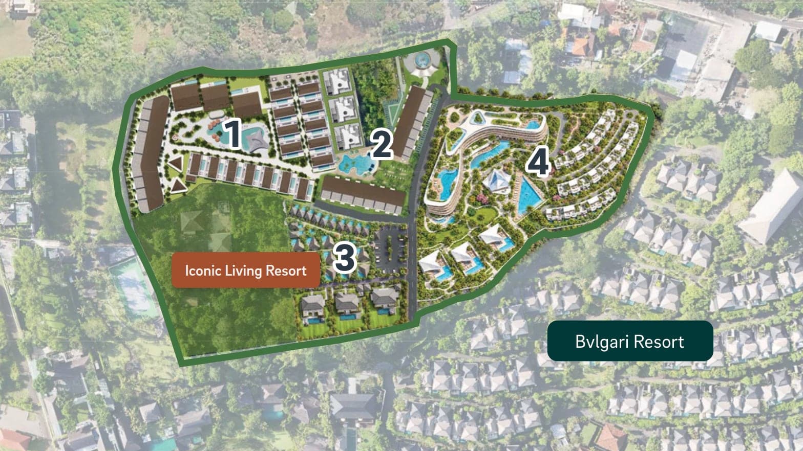 Aerial site plan of Iconic Living Resort, labelled with its four stages, next to the neighbouring Bvlgari Resort